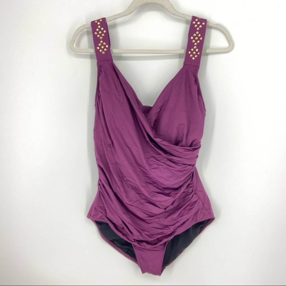 Firpearl One-Piece Swimsuit purple studded straps Sz 14